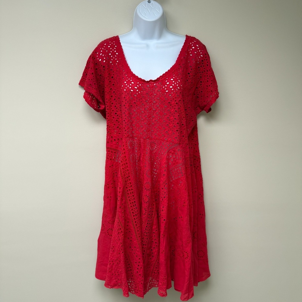 Vintage Johnny Was Crochet Eyelet A-Line Coverup Dress Large Red Boho Pool Beach